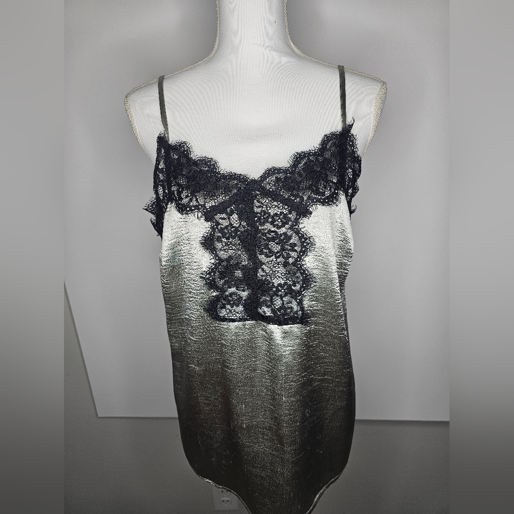 Y2K Mint Metallic Silver Lace Cami Top Large Lingerie Style Grunge Clubwear